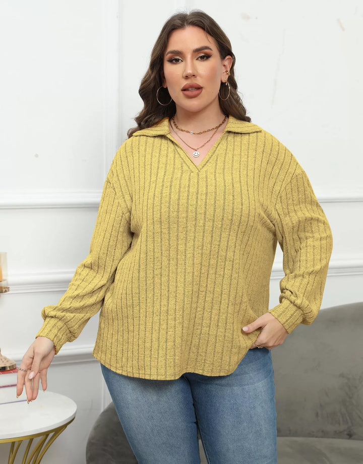 Mustard Plus size ribbed knit polo collar long-sleeve top