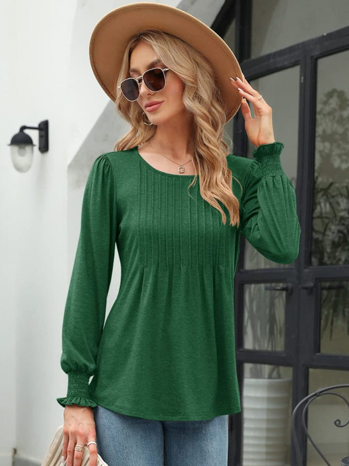 Pleated front lantern sleeve blouse with smocked cuffs