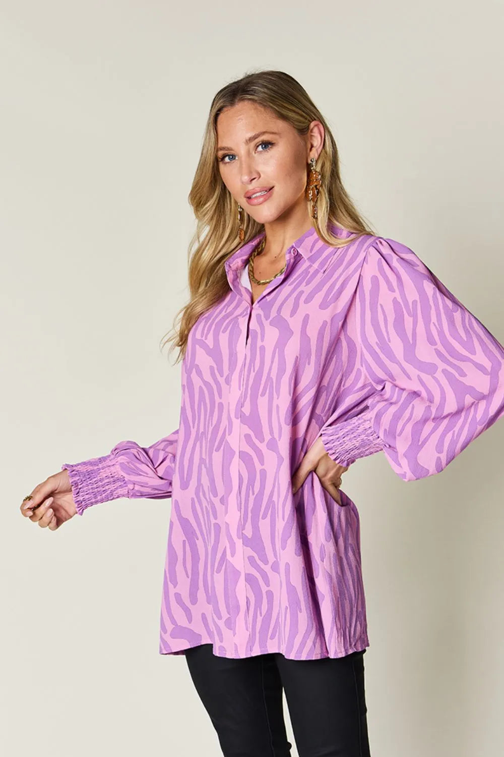 Zebra print smocked-cuff long sleeve blouse