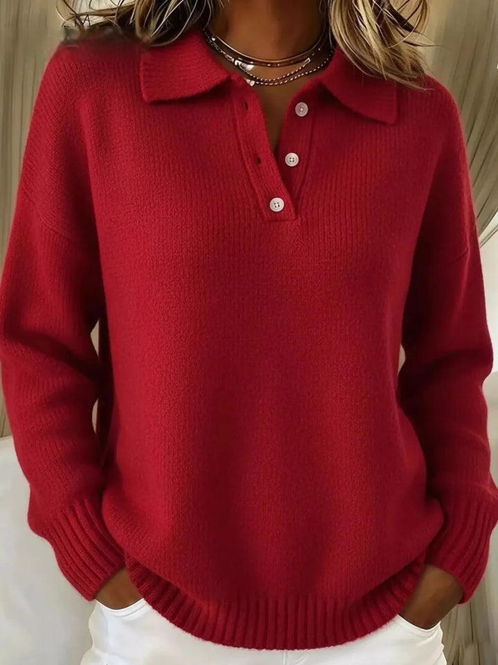 Red Dropped shoulder polo collar button knit sweater