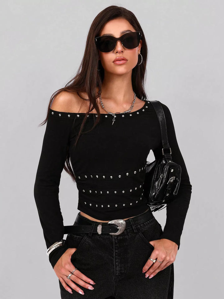 Studded one-shoulder long sleeve top with waist trim