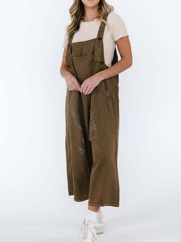 Distressed wide leg denim overalls with adjustable straps