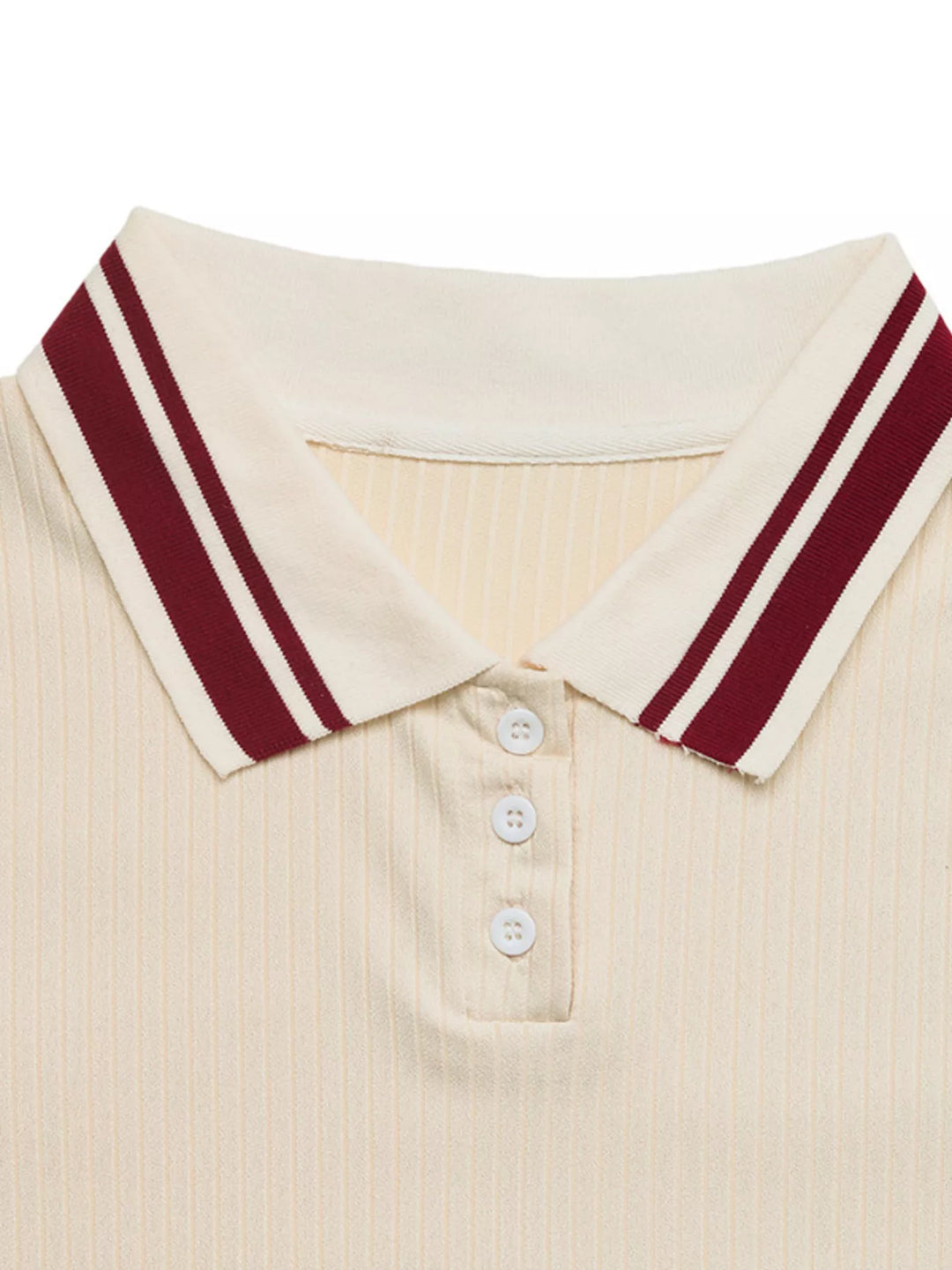 Ribbed knit polo top with striped collar trim