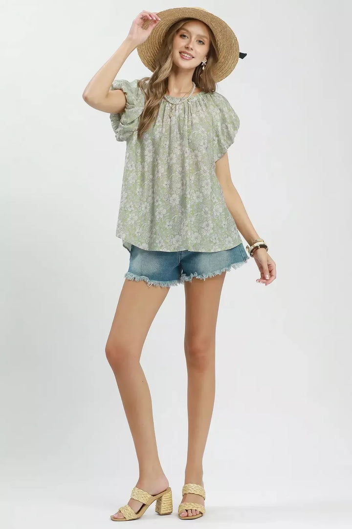Floral puff sleeve blouse with gathered neckline