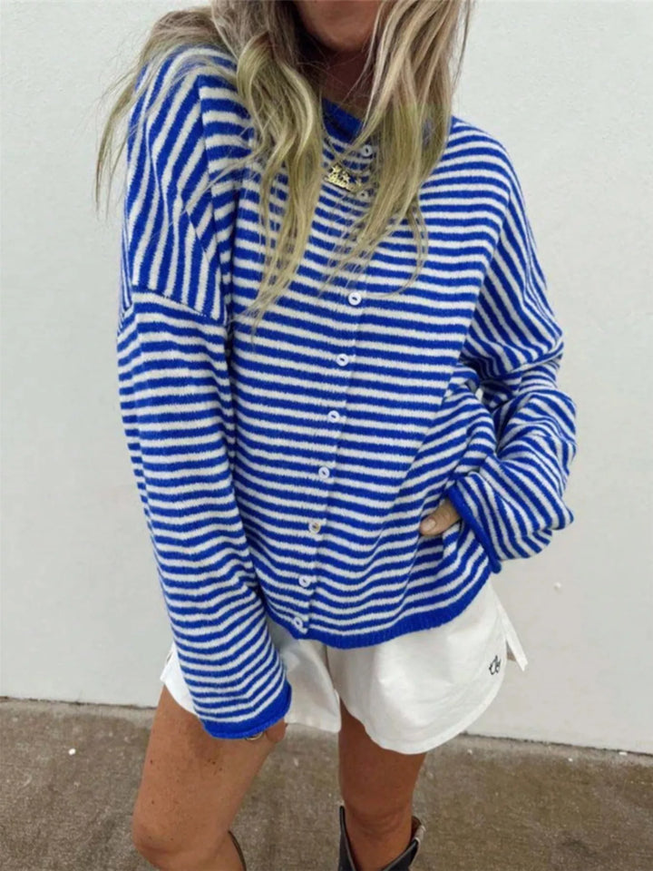Blue Striped lightweight knit button-front cardigan