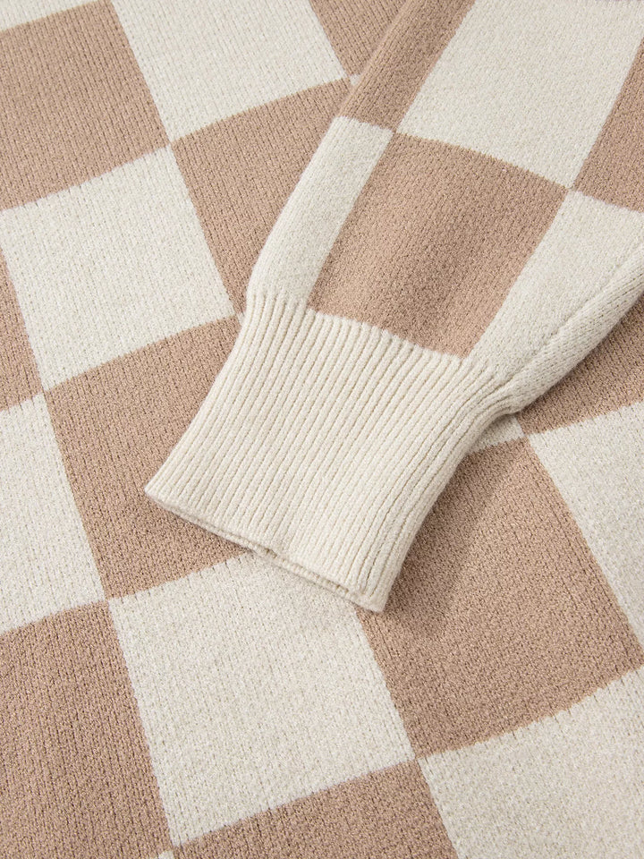Checkered knit crewneck sweater with ribbed trim