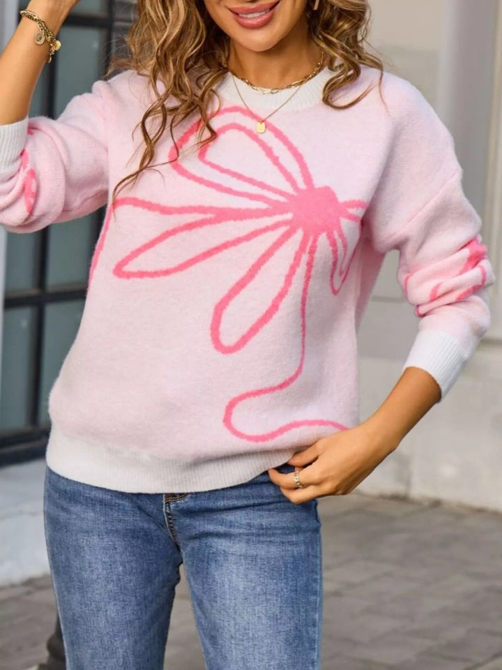 Floral print crew neck knit pullover sweater
