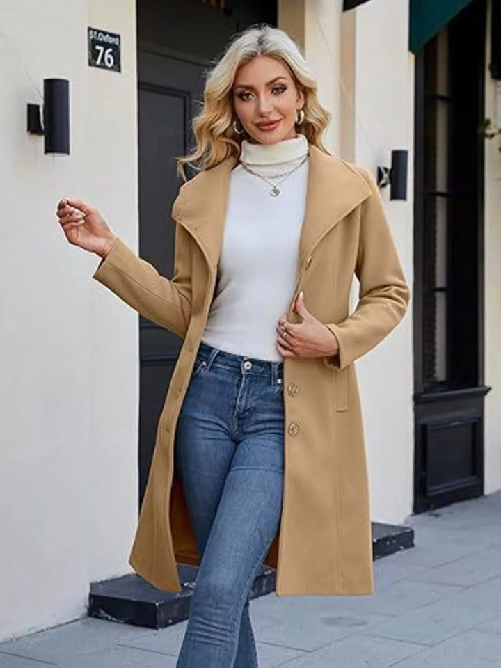 Khaki Single-breasted longline overcoat with wide notch collar