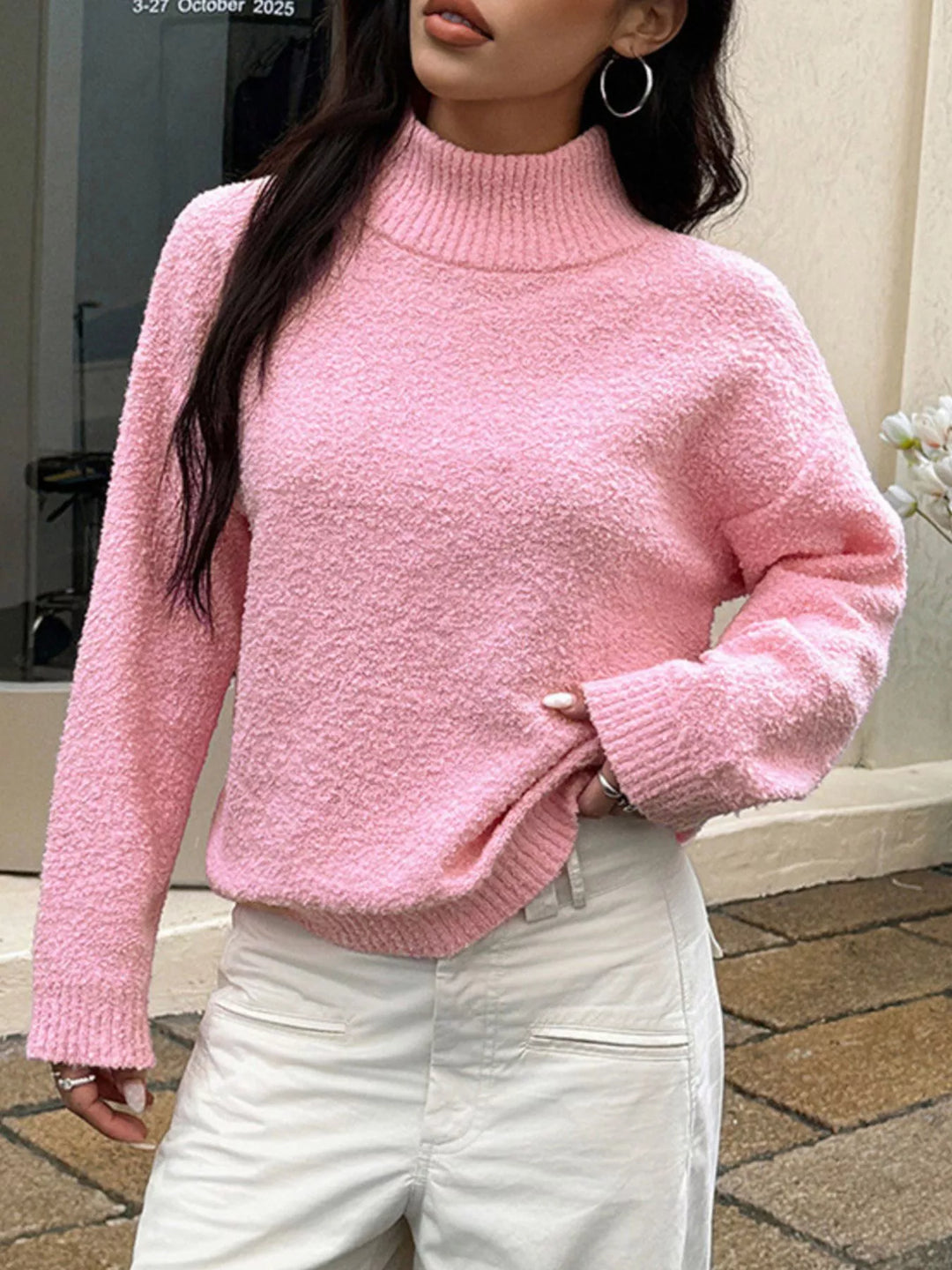 Textured knit turtleneck sweater with drop shoulders