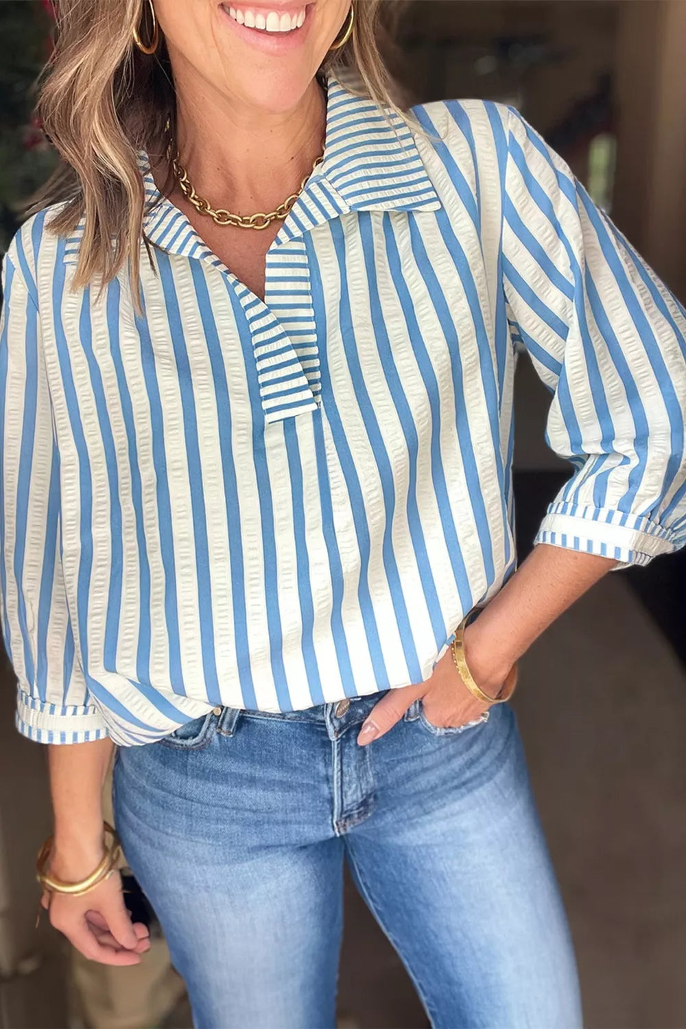 Light Blue Striped seersucker collared blouse with 3/4 sleeves