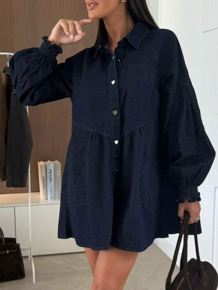 Button-down denim shirt dress with puff sleeves and pockets