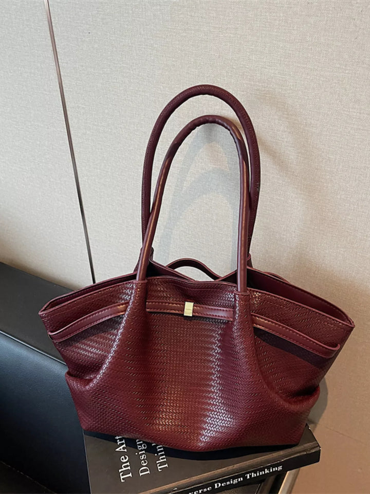 Woven texture faux leather tote bag with gold clasp