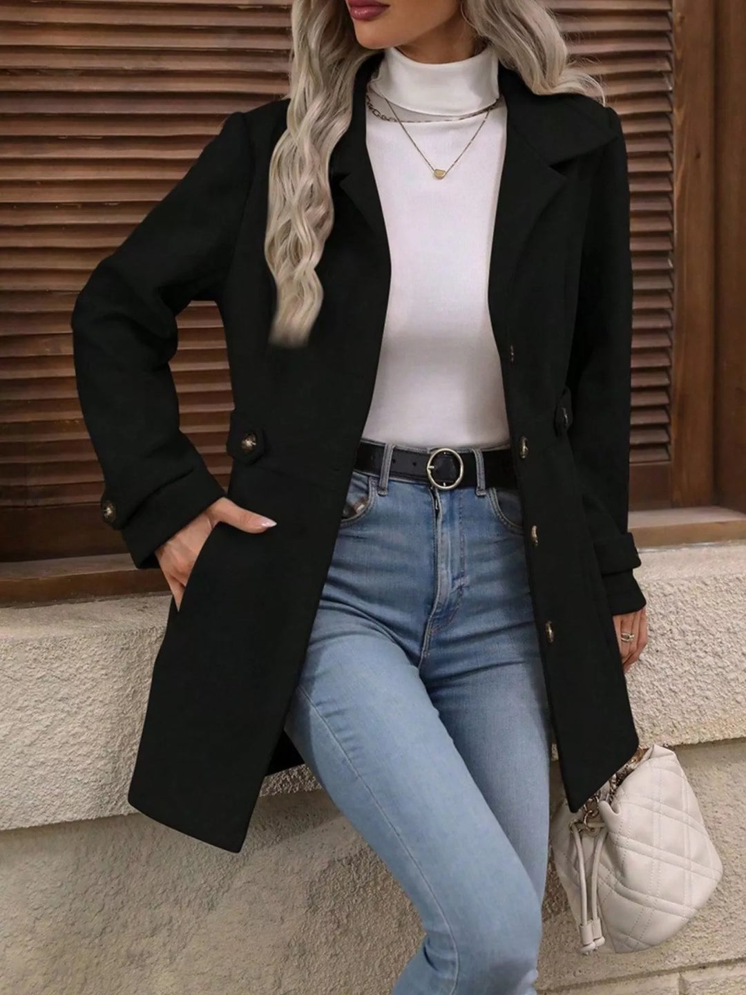 Notched lapel button-up coat with waist tabs