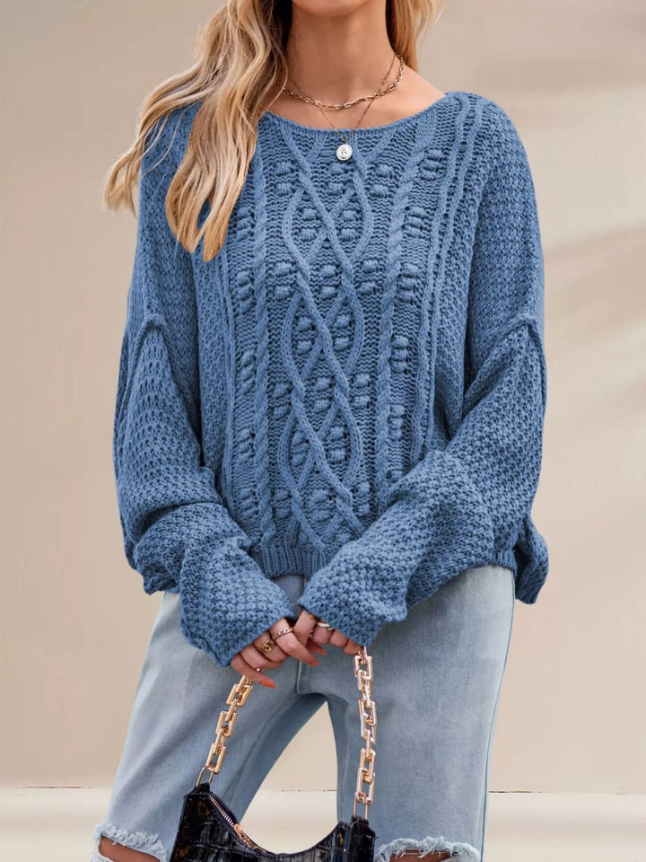Blue Cable knit drop shoulder sweater with boat neck