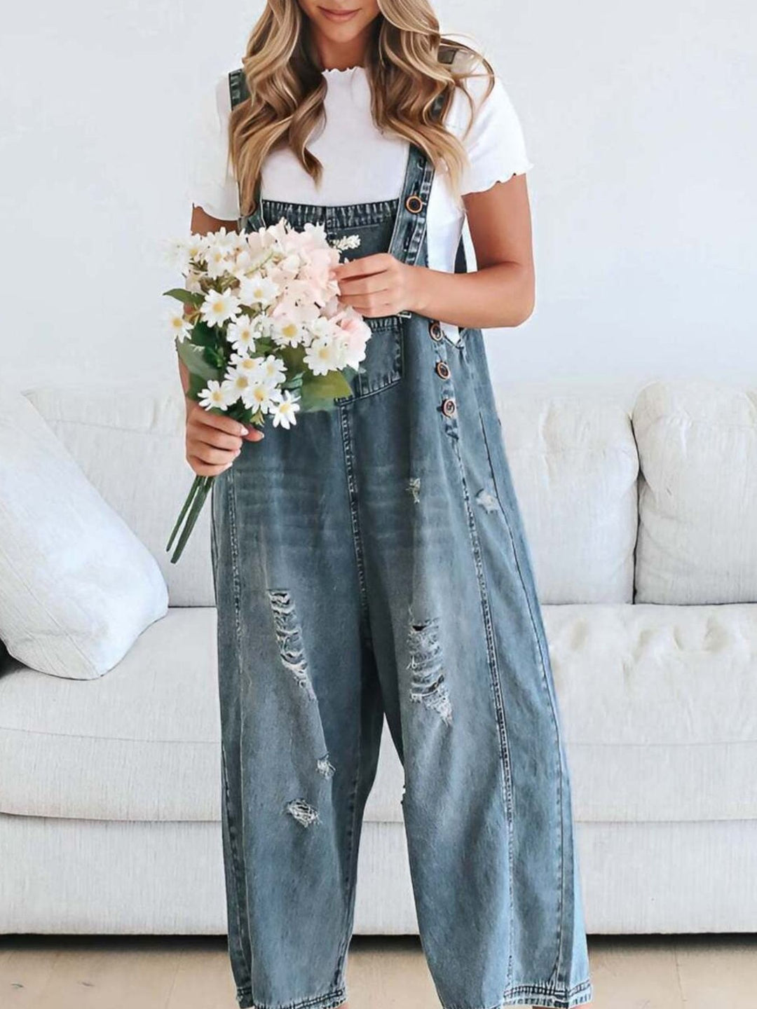 Distressed wide leg denim overalls with adjustable straps