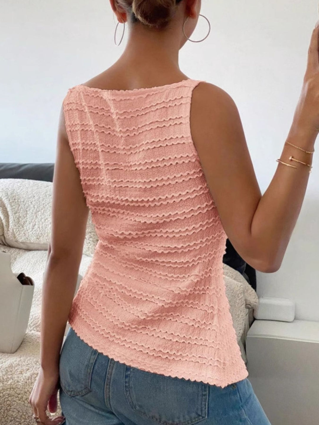 Textured button-front tank with square neck and split hem
