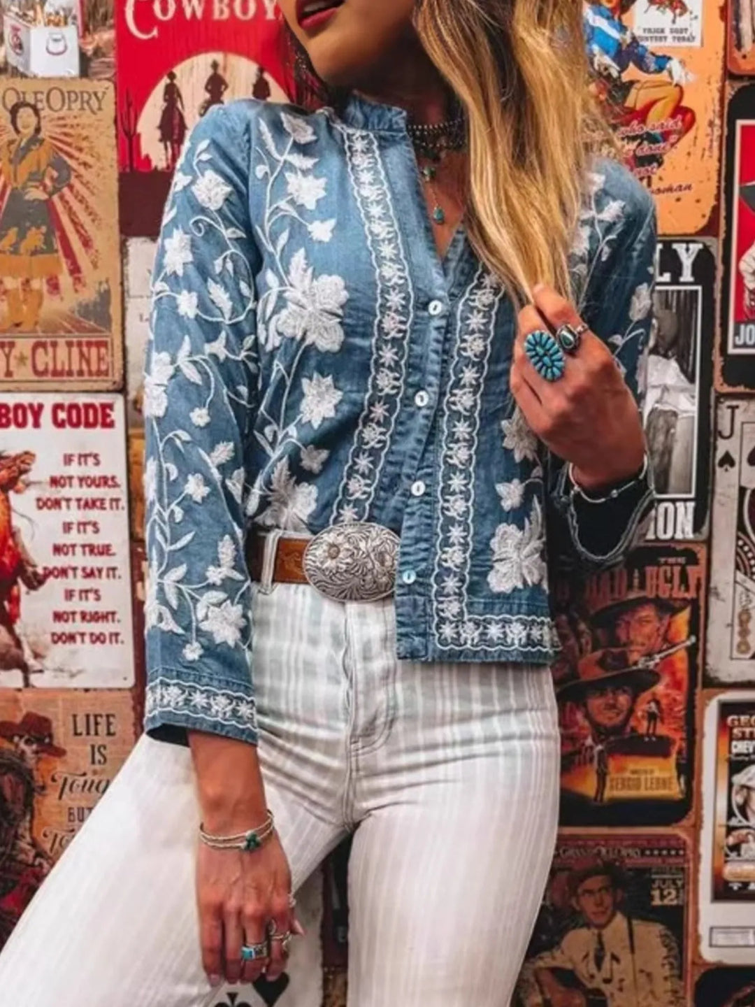 Floral embroidered button-up denim shirt