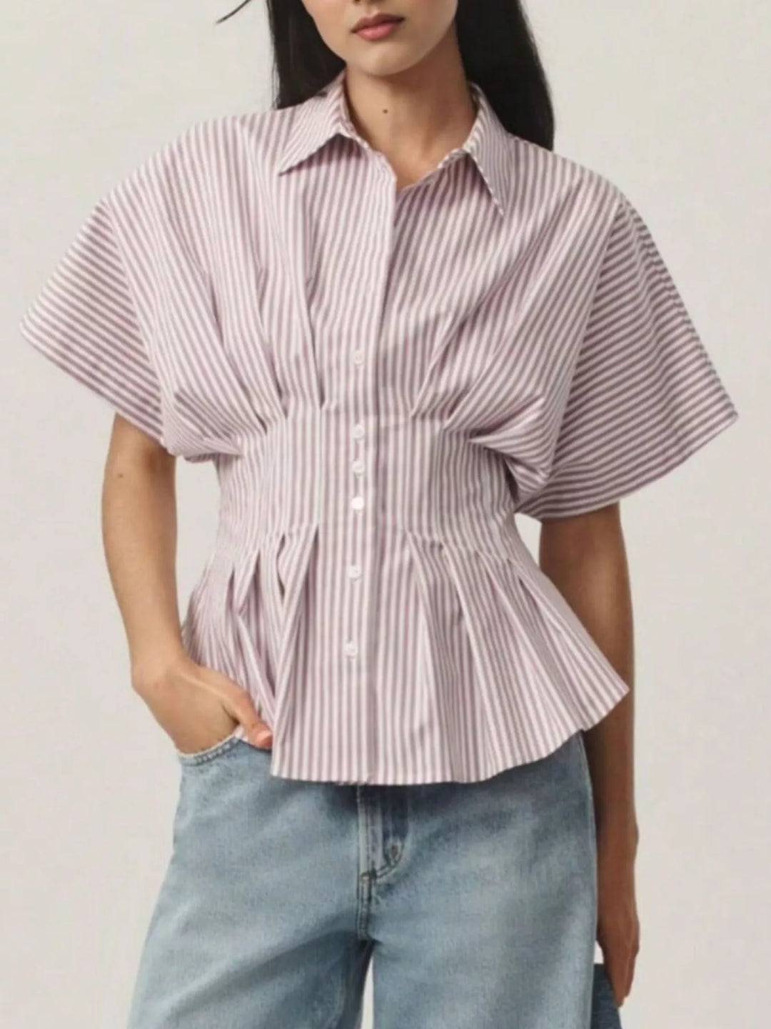Red Striped button-down shirt with ruched cinched waist