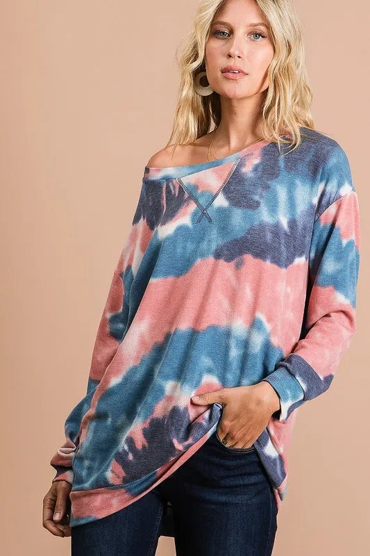 Tie-dye French terry pullover with front stitch detail