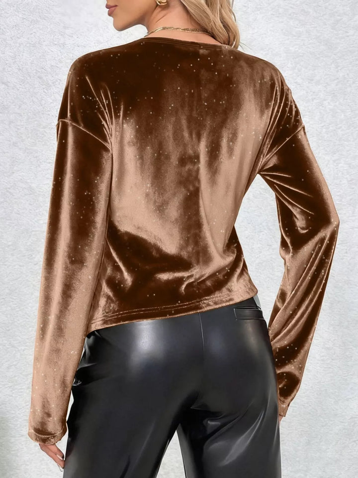 Velvet twist-front V-neck long sleeve top