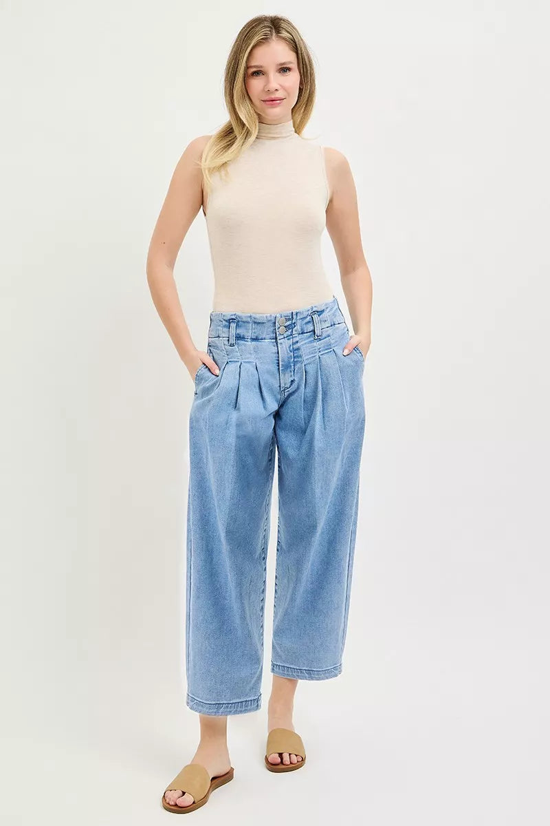 High-rise pleated cropped barrel-leg jeans