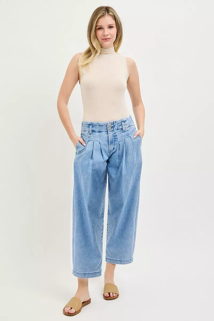 High-rise pleated cropped barrel-leg jeans
