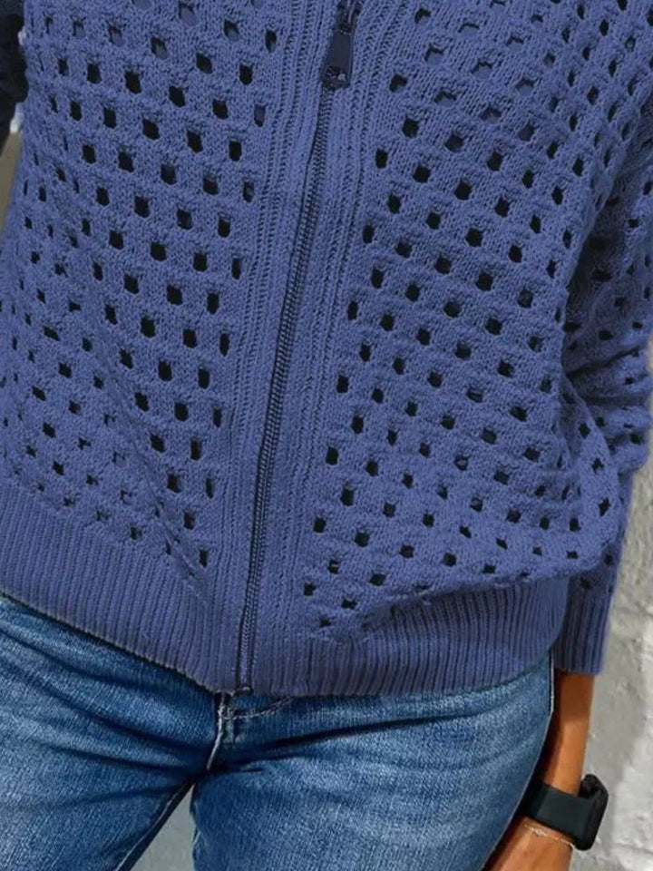 Open-knit zip-up bomber cardigan with ribbed trim