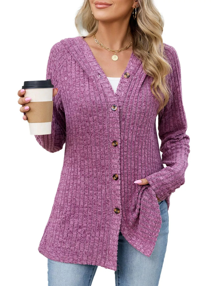 Ribbed knit hooded cardigan with tortoise buttons