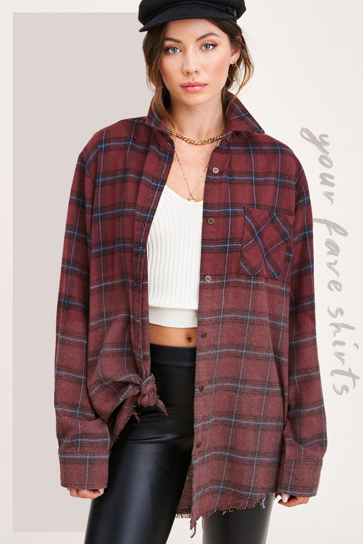 Kayla Vintage Plaid Button-Up Shirt With Raw Cut Hem