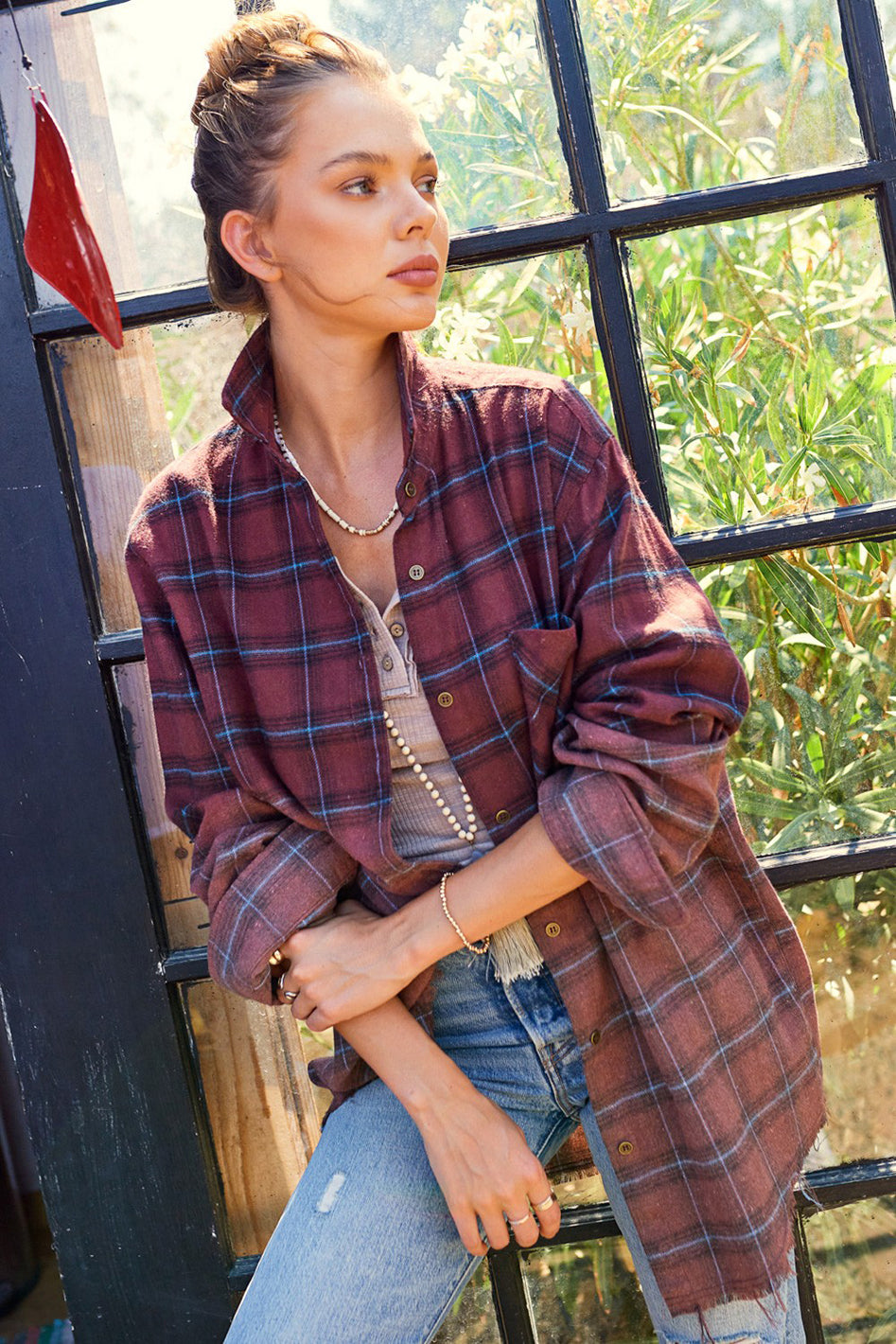 Kayla Vintage Plaid Button-Up Shirt With Raw Cut Hem