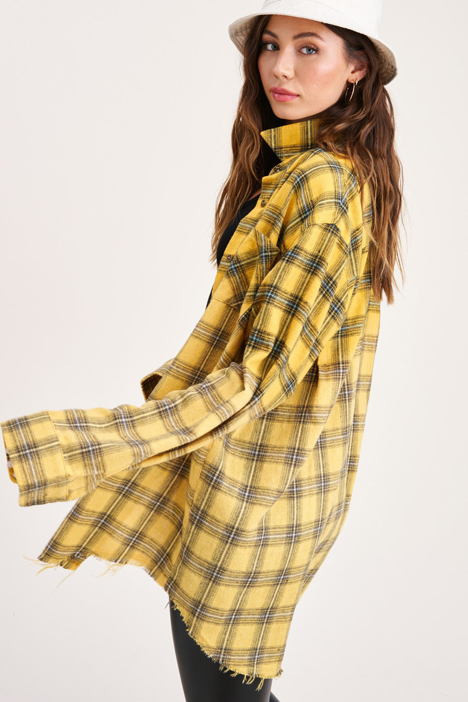 Kayla Vintage Plaid Button-Up Shirt With Raw Cut Hem