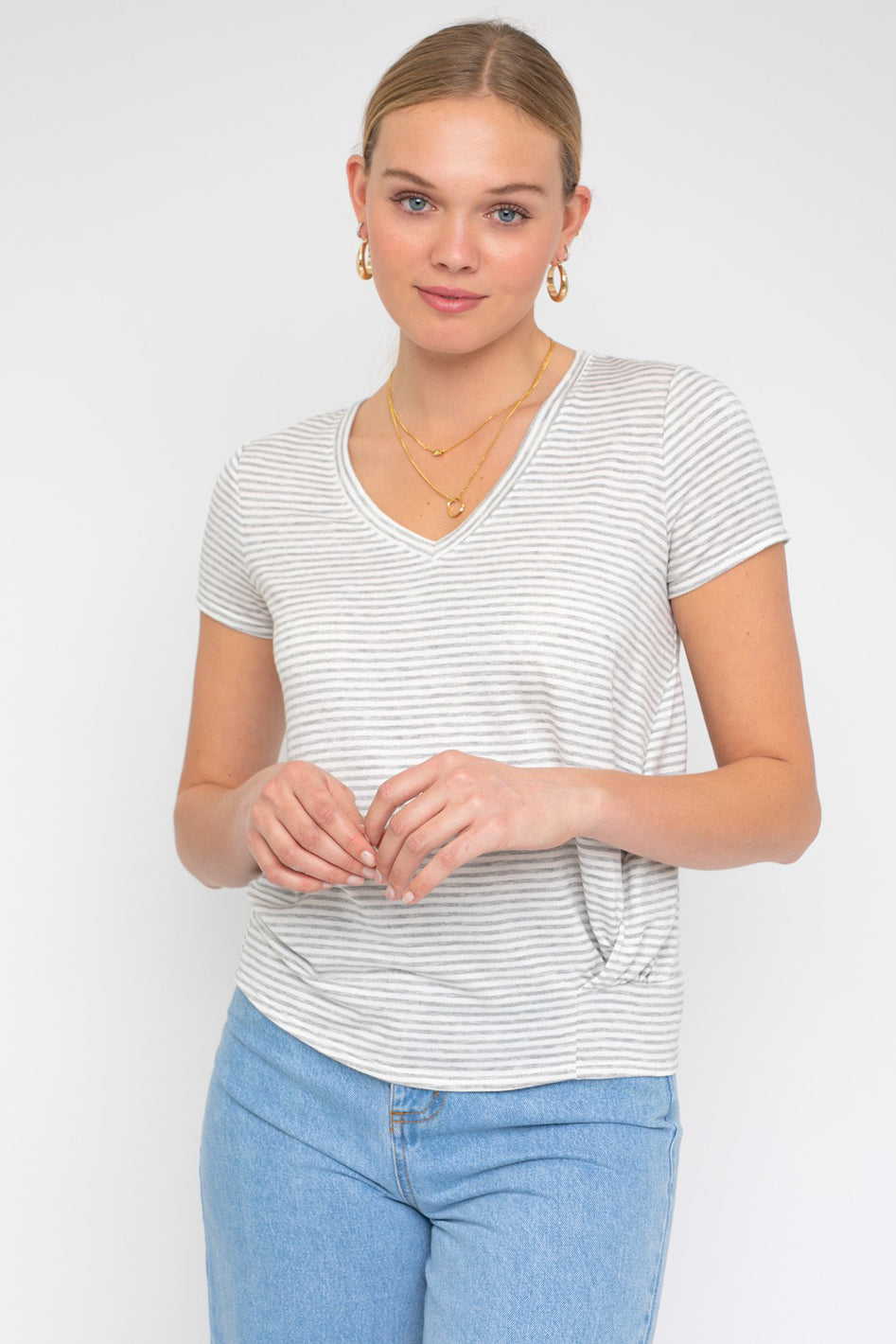 Riviera Twist Front V-Neck Top | Striped Short Sleeve Blouse