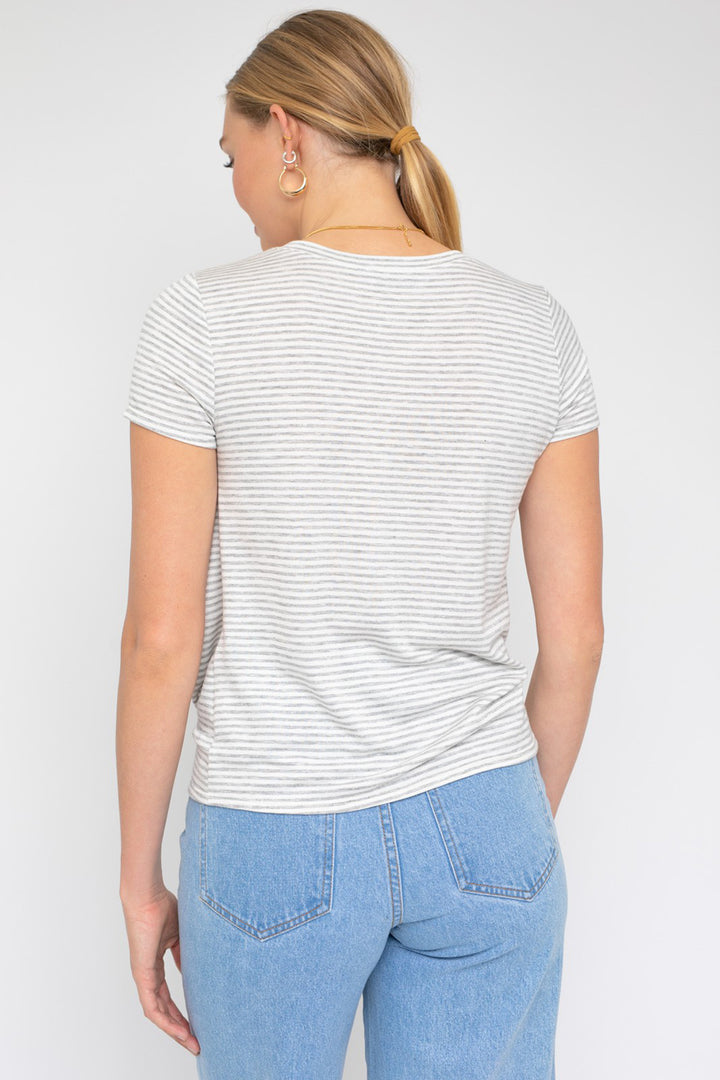 Riviera Twist Front V-Neck Top | Striped Short Sleeve Blouse
