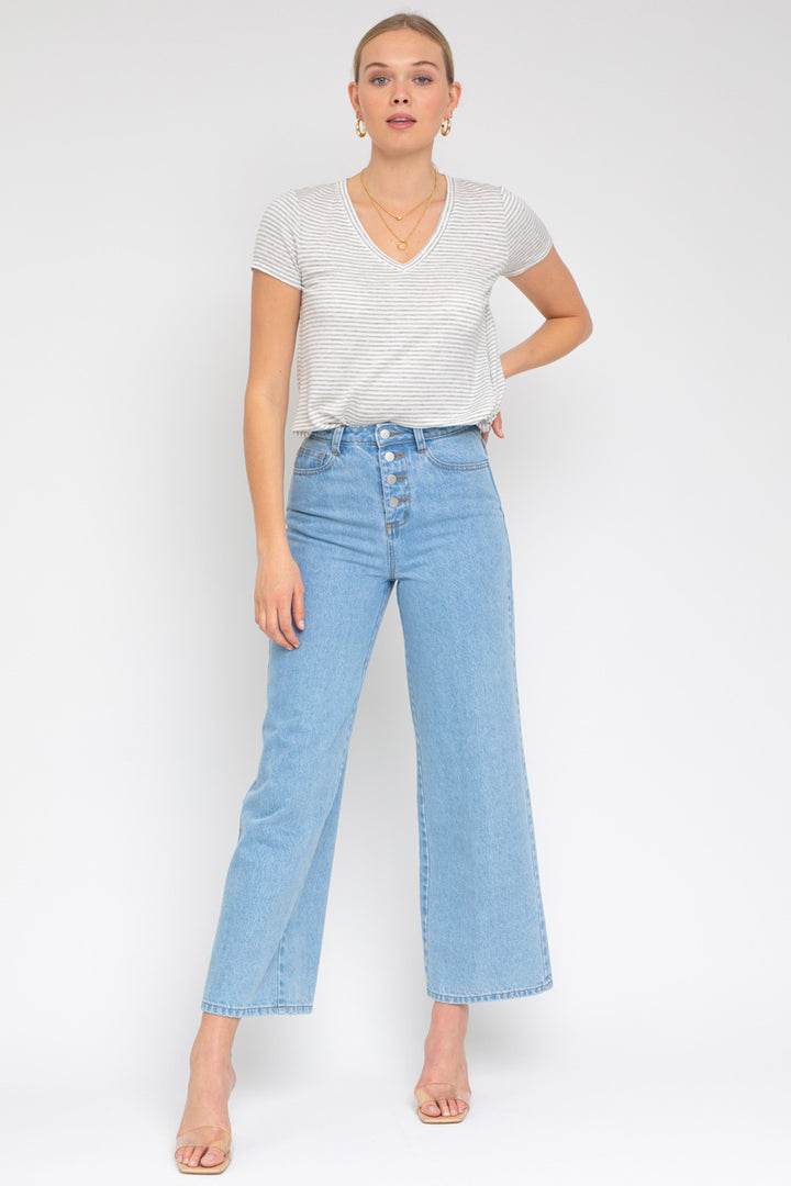 Riviera Twist Front V-Neck Top | Striped Short Sleeve Blouse