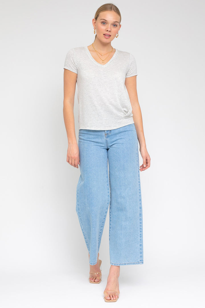 Riviera Twist Front V-Neck Top | Striped Short Sleeve Blouse