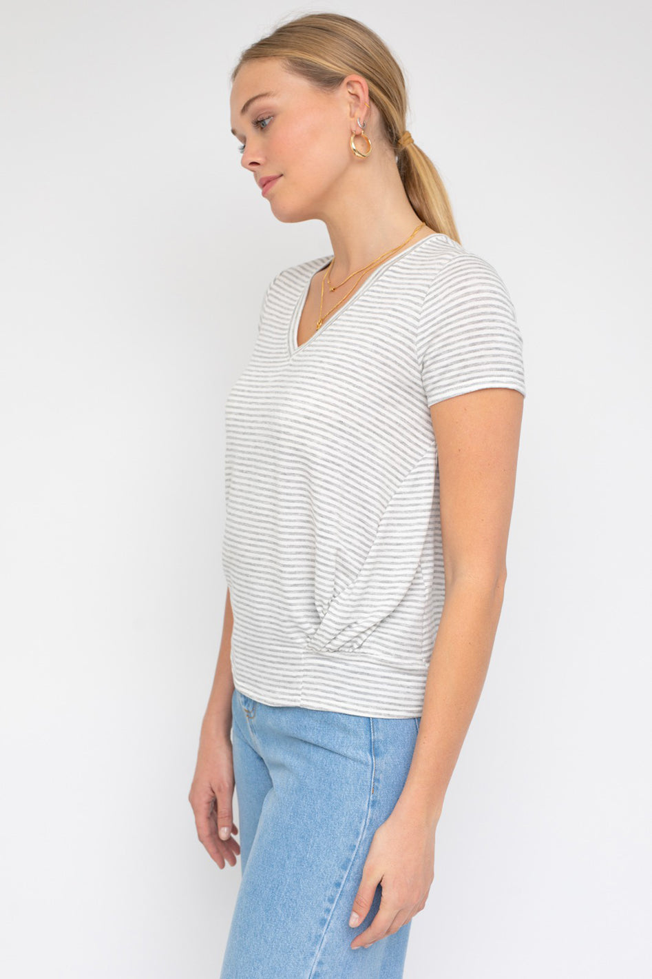 Riviera Twist Front V-Neck Top | Striped Short Sleeve Blouse