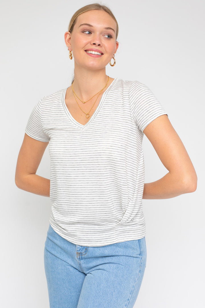 Riviera Twist Front V-Neck Top | Striped Short Sleeve Blouse