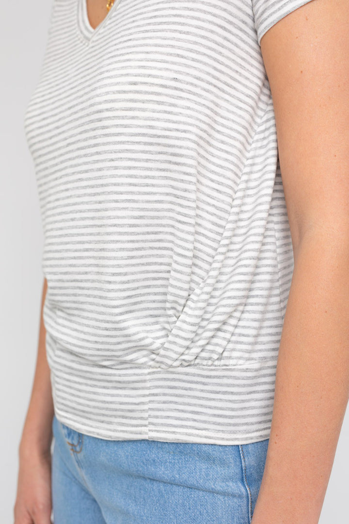 Riviera Twist Front V-Neck Top | Striped Short Sleeve Blouse