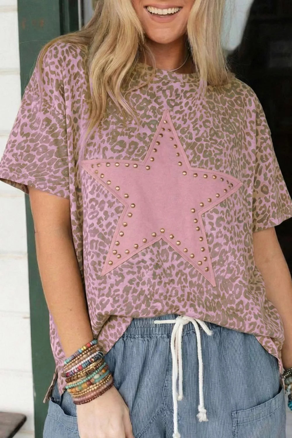 Dusty Pink Studded star graphic leopard print short sleeve tee