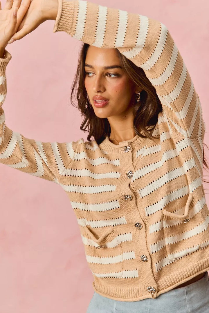 Striped openwork knit cardigan with jeweled buttons
