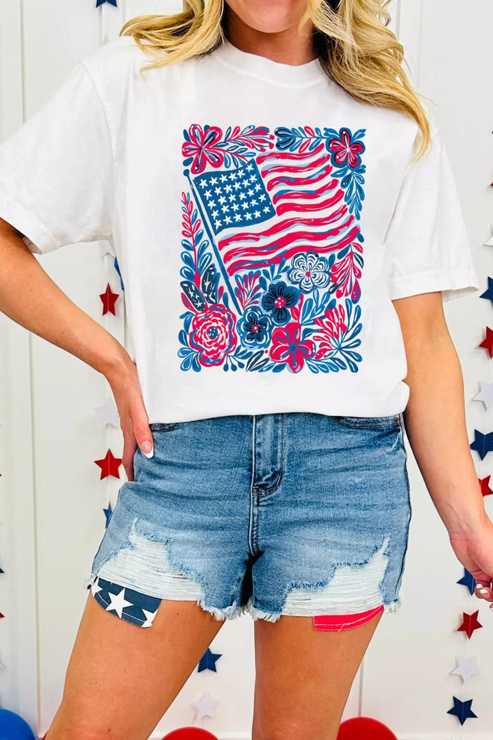Floral American flag graphic crew neck tee