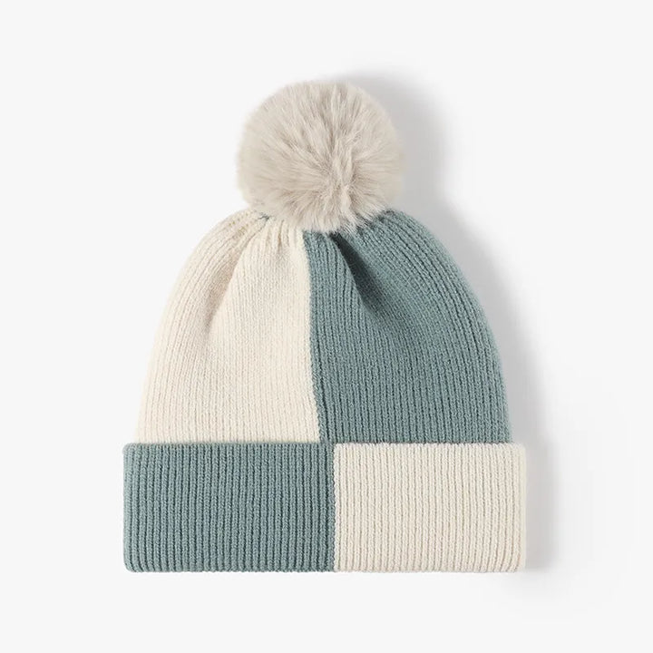 Teal Color block ribbed knit beanie with faux fur pom-pom