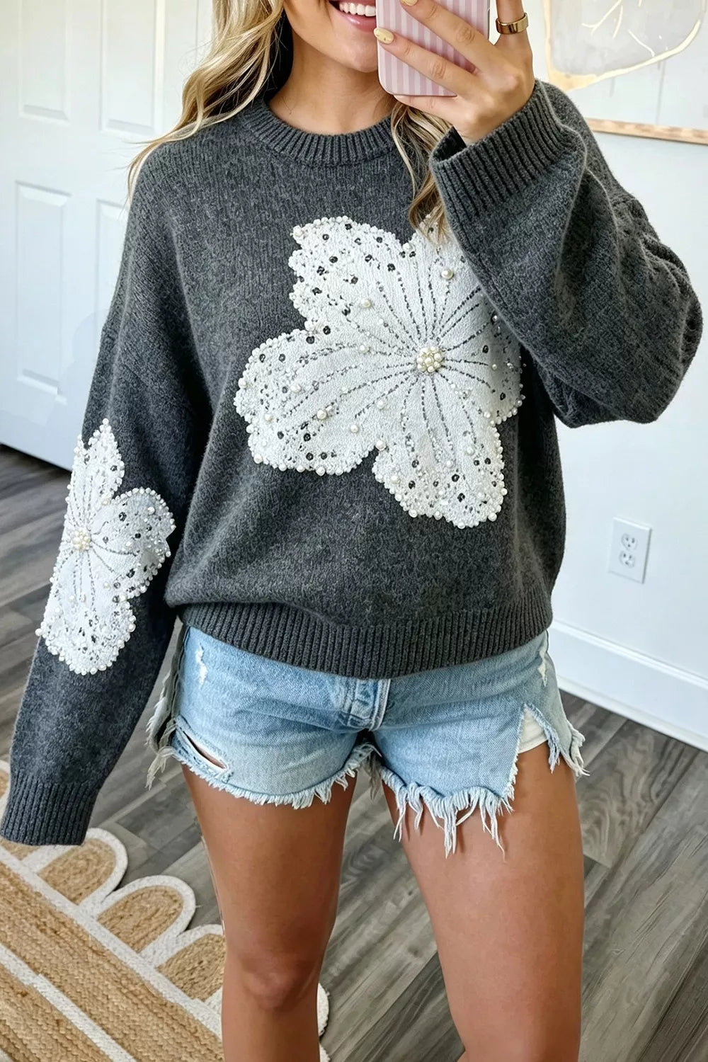 Dark Gray Pearl beaded floral drop shoulder knit sweater
