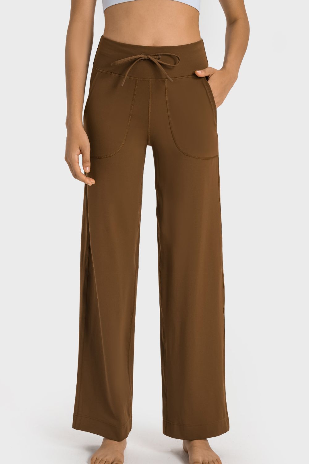 High-waist drawstring wide leg pants with patch pockets