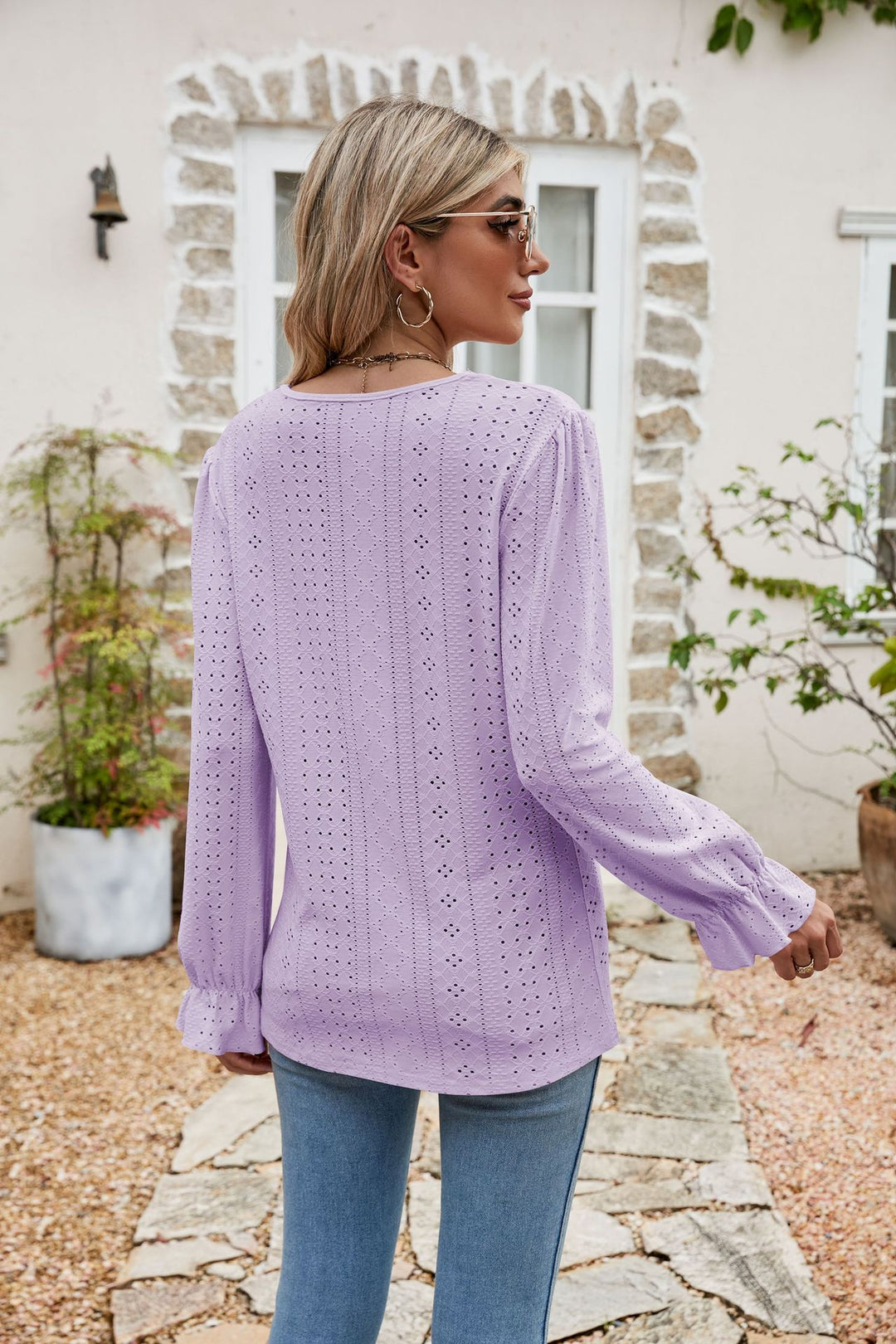 Eyelet lace-trim V-neck blouse with flounce sleeves