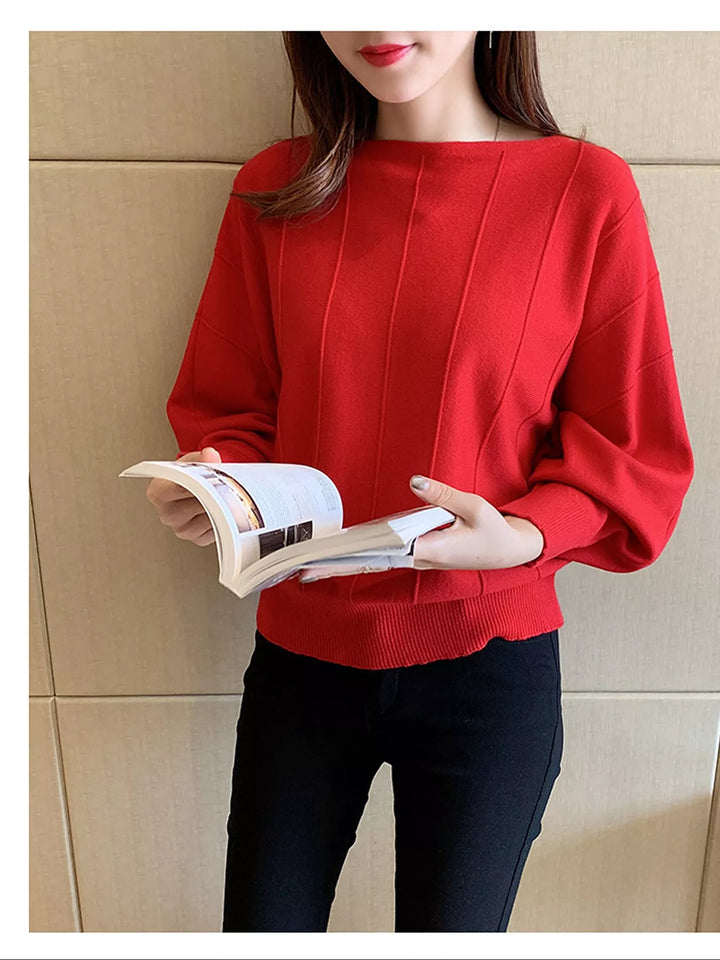 Boat neck batwing sleeve knit pullover with ribbed hem