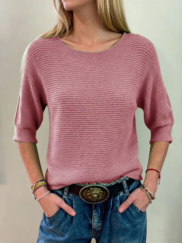 Lotus Color Ribbed knit round neck sweater with dolman sleeves
