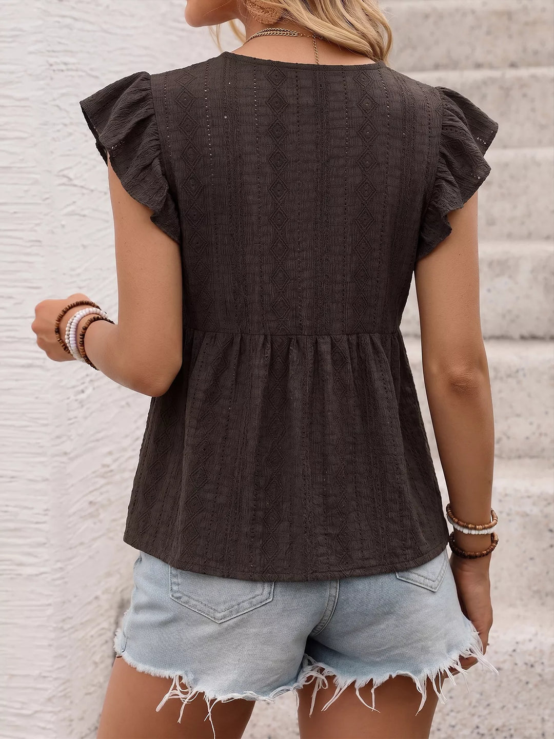 Lace-trim V-neck eyelet blouse with ruffle cap sleeves