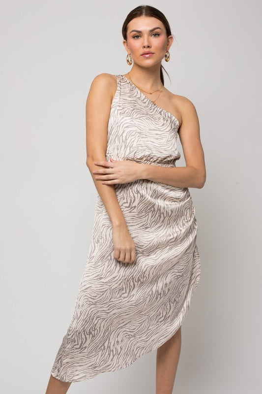 Olympia One Shoulder Abstract Print Midi Dress