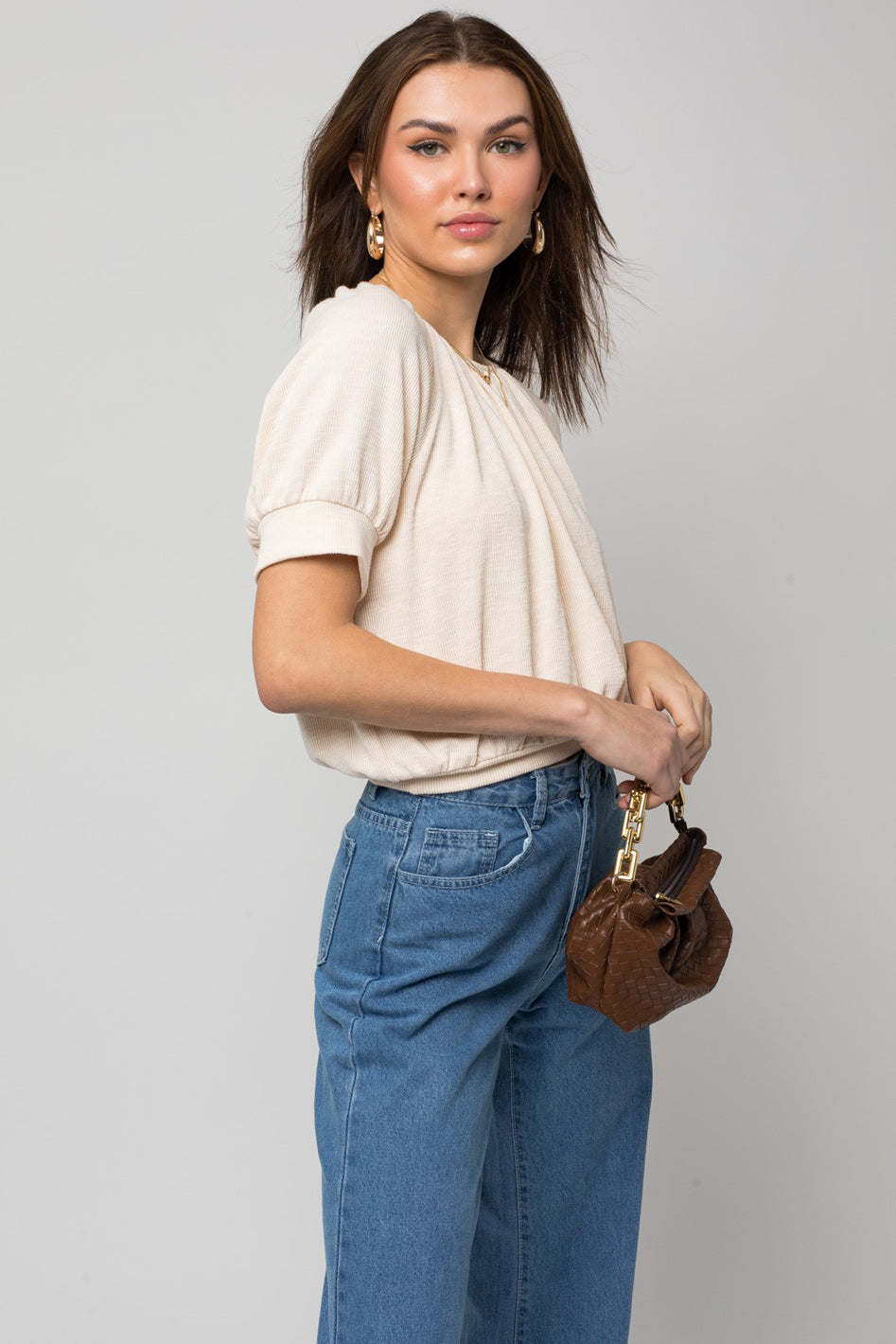 Marseille Shirring Neck Ribbed Short Sleeve Top